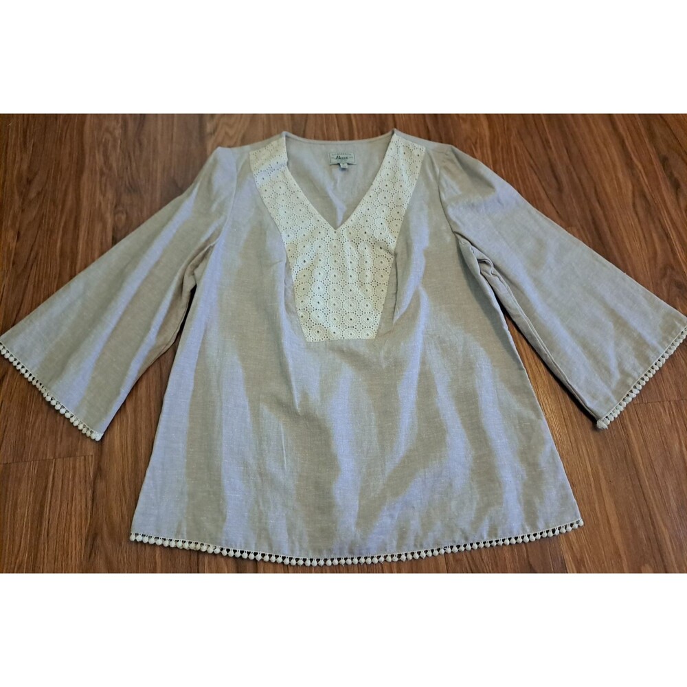 Womens Bass Linen Blend Top Tunic Beige Eyelet Lace Hem Tassels Boho Hippy M